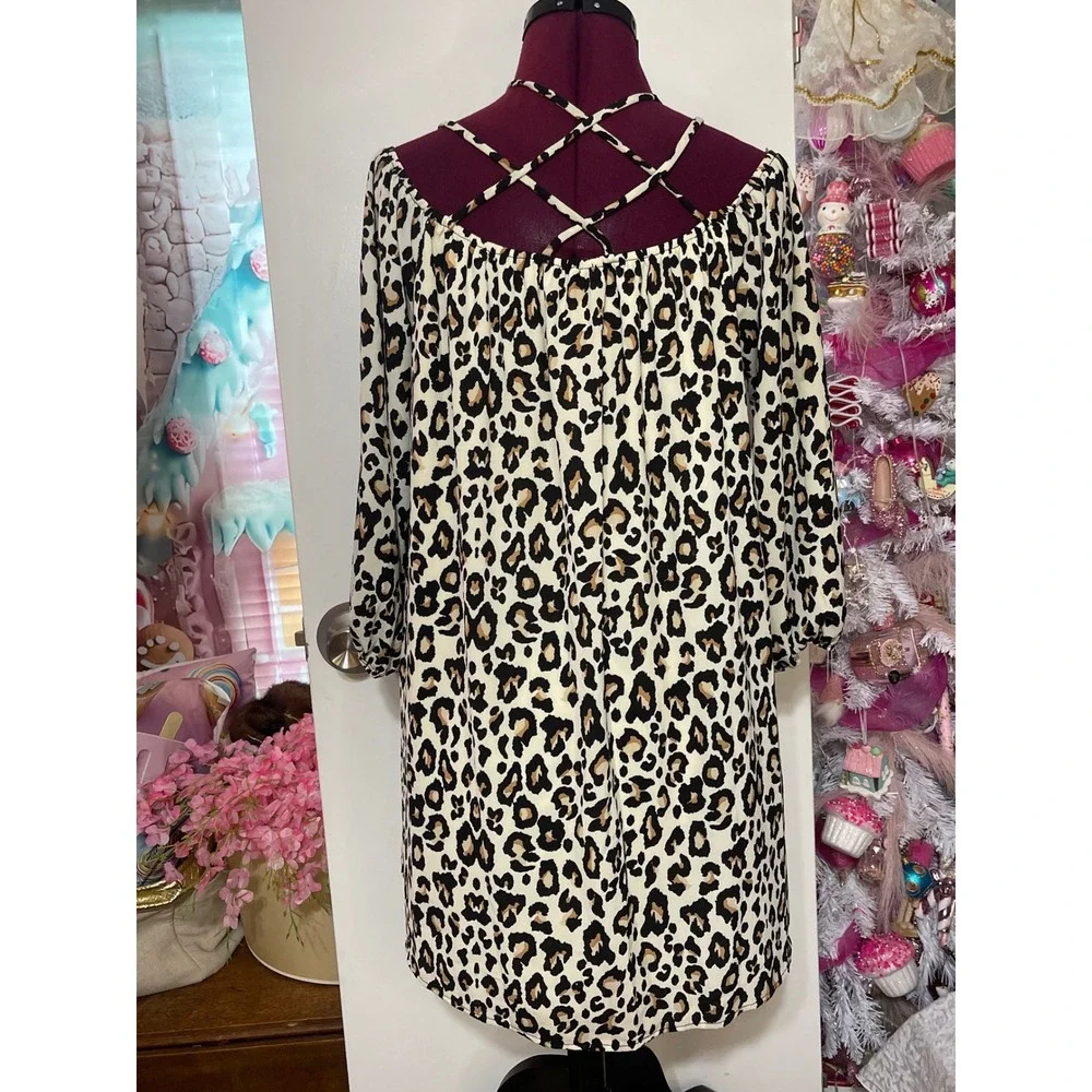 Entro Cold Shoulder Leopard Print Dress Women Large Tan Black Good Strappy Back